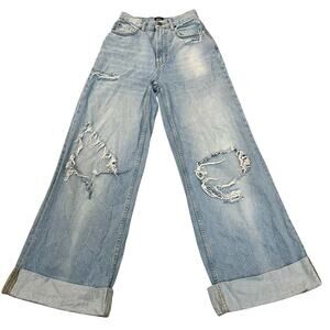 BDG Womens Skater Baggy Jeans Sz 24 Light Wash Ripped Distressed Wide Leg Cuffed